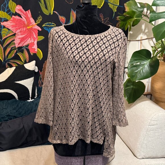 CHICOS Open Lace Mesh Knit 3/4 Sleeve Pullover Top, Taupe Brown, Size 2 - Picture 5 of 12